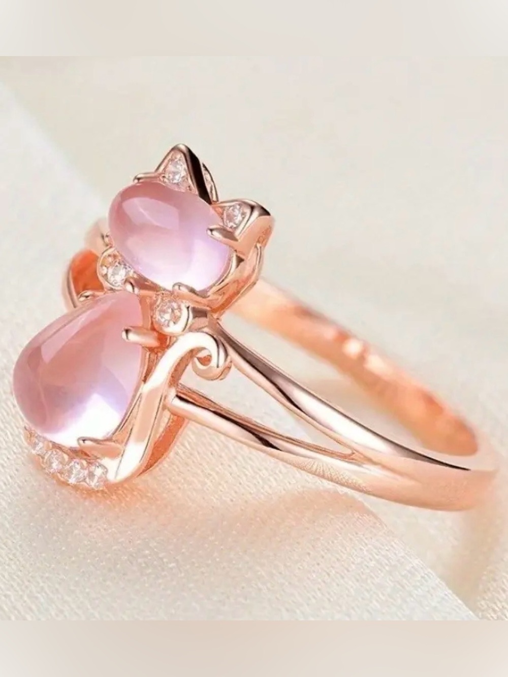 Cute Inlay Pink Synthetic Zircon Cat Ring. - Picture 4 of 8